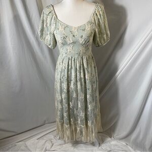 CottageCore Sage Green Lace Maxi Dress Puff Sleeve Romantic Prairie XS/S